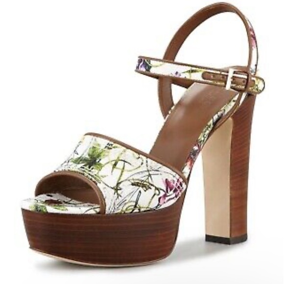 Gucci Women’s Danielle Flora Infinity Canvas Leather Platform Heel Sandals Strap - Picture 1 of 16